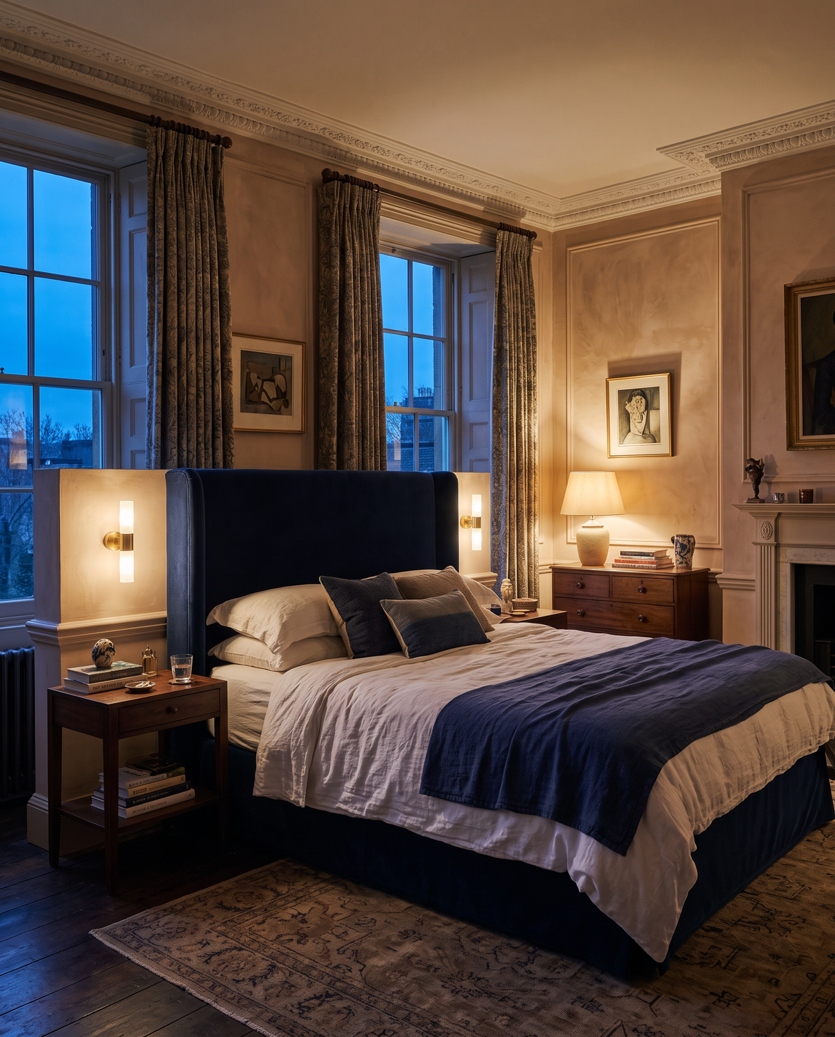 A pair of Washstand wall lights either side of a blue velvet bed in a Georgian bedroom