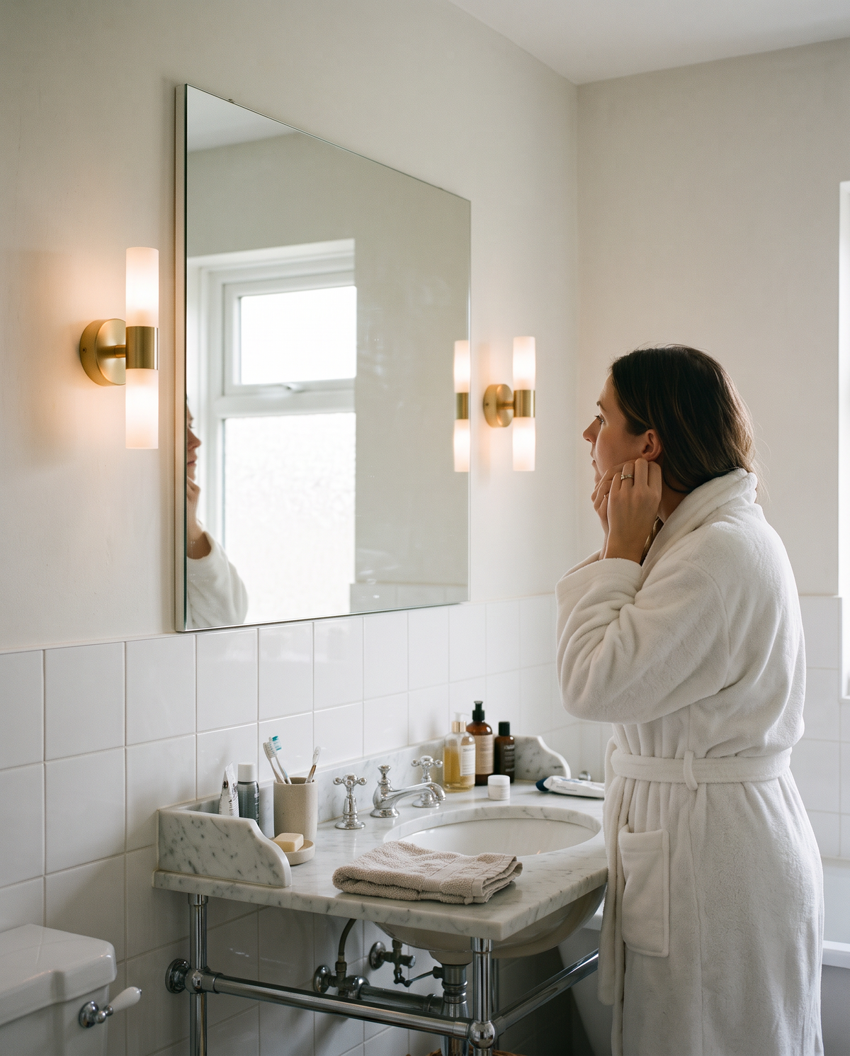 A woman getting ready at a mirror lit by a pair of Washstand wall lights