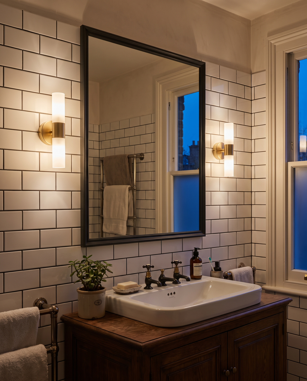 A pair of Washstand wall lights either side of a bathroom mirror in a Victorian terrace