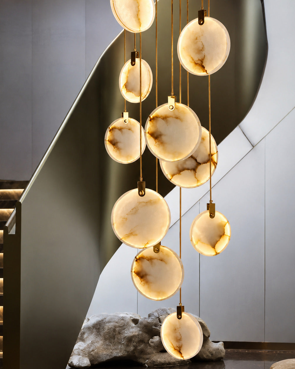The Cascade alabaster disc chandelier for stairways — Selden Home (6)
