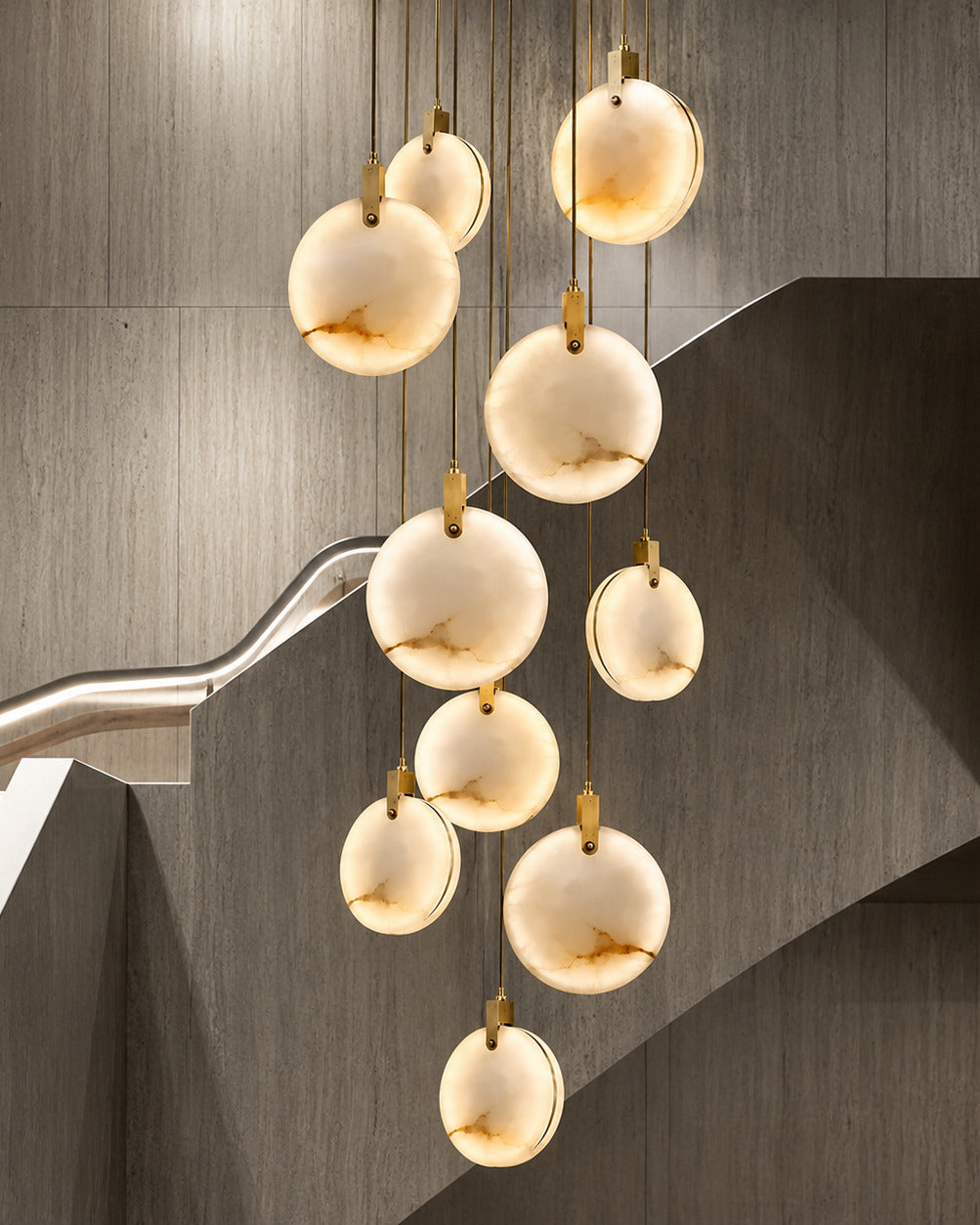 The Cascade alabaster disc chandelier for stairways — Selden Home (7)